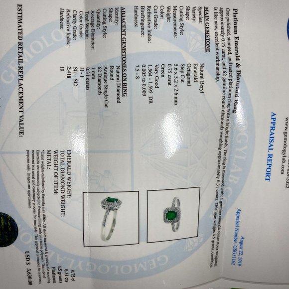 Certified Emerald .75ct Diamonds Platinum Ring - Picture 8 of 8